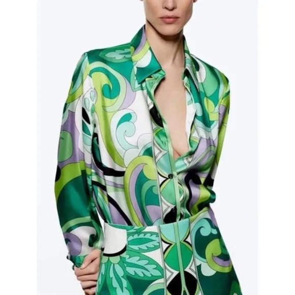 Zara 70s Print Green Swirl Pattern Top Small - Picture 2 of 7